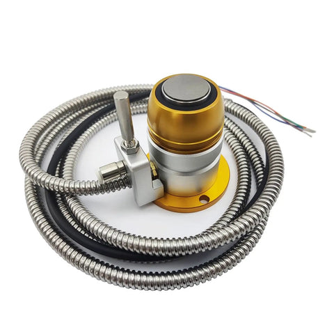 Heavy Duty Cnc Automatic Tool Sensor And Precision Probe Gauge For Nitty Gritty Machining Setup With Spot On Tip Damage Detection And Slick Waterproof Calibration with stainless steel hose and golden top.