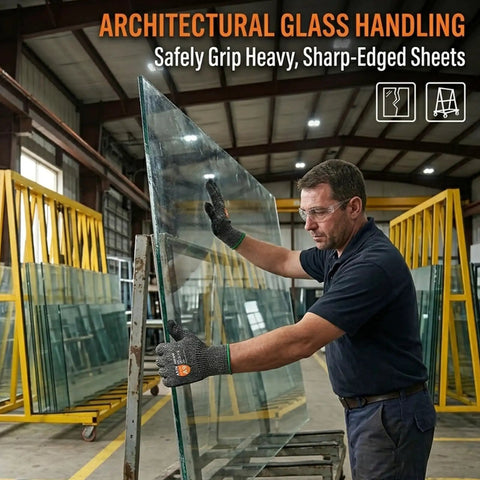 Man wearing Tough as Nails A9 Cut Resistant Work Gloves For Men, Touchscreen Compatible, handling glass sheet in warehouse