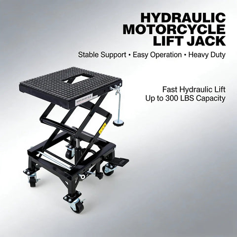 Heavy Duty Hydraulic Motorcycle Lift Table With 300 Lb Foot Step Lever Wide Rolling Platform Non Slip Surface Mean Garage Rig For Dirt Bikes Cruisers Atv Riders Tune Ups And Detailed Repairs At Home