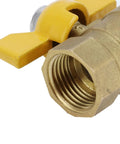 Close-up of Heavy Duty Brass G1/2 Male Thread Ball Valve To Gas Shut Off Control with yellow handle and threaded opening.
