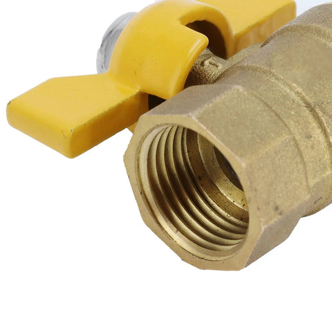 Close-up of Heavy Duty Brass G1/2 Male Thread Ball Valve To Gas Shut Off Control with yellow handle and threaded opening.