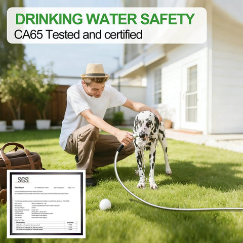 Person using Upgraded Metal Garden Hose Reel With 100 Ft Main Hose And 6.2 Ft Guide Hose to water dog on lawn with safety certificate