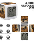 Farm Tractor Alarm Clock With LED Display, Seven Color Night Light, showing 4-sided unfolded view and digital features.