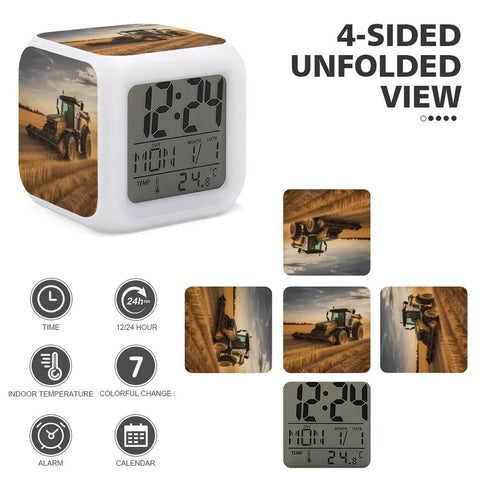 Farm Tractor Alarm Clock With LED Display, Seven Color Night Light, showing 4-sided unfolded view and digital features.