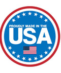 Proudly made in the USA circular badge with stars and small American flag design.