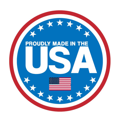 Proudly made in the USA circular badge with stars and small American flag design.