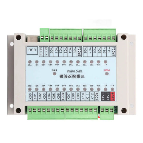 Top view of Industrial PLC Controller 24V DC 13 Input 12 Output SPC10RM Control Board with green terminals