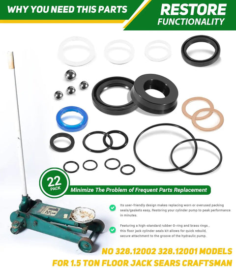 1.5 Ton Floor Jack Seal Replacement Kit with O Rings Piston and Washer Complete 22 Piece Hydraulic Jack Rebuild Kit for Heavy Duty DIY Repair Fits Most 1.5 Ton Floor Jacks displayed with components and floor jack graphic