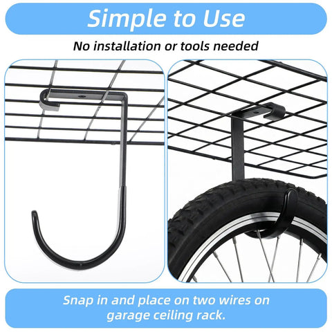 Six Pack Heavy Duty Garage Ceiling Storage Hooks For Bikes And Gear installed on overhead rack, holding a bike wheel