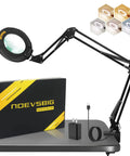 Ultra Long Swing Arm Desk Magnifier With Light 12X For Close Detail Work shown with packaging and lighting modes