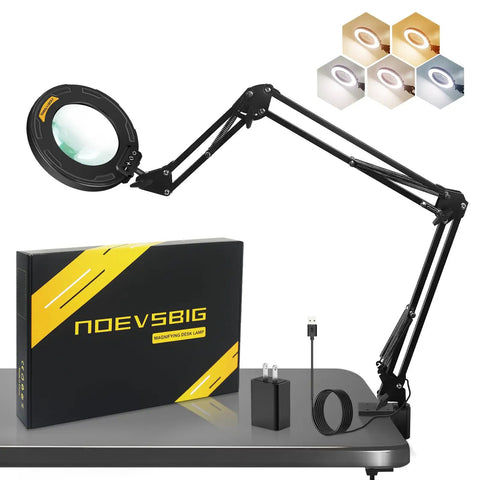 Ultra Long Swing Arm Desk Magnifier With Light 12X For Close Detail Work shown with packaging and lighting modes
