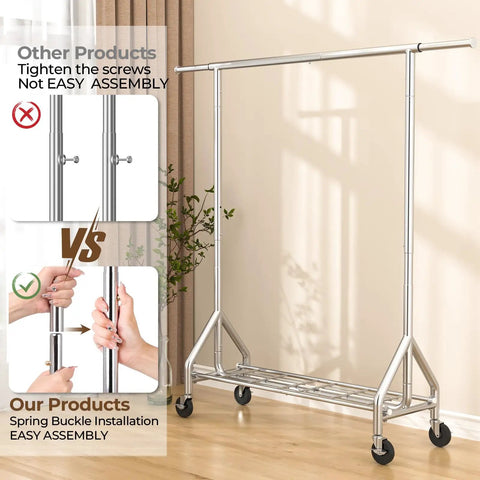 Built Like A Tank Heavy Duty Steel Rolling Clothes Rack Holds 450 Lbs With Sturdy Shelves For Hanging Jeans Coats Dresses Portable Wardrobe With Quiet Casters Easy To Move Around Your Room Silver Finish Garage Ready