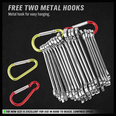 Tiny But Mighty 22-Piece Mini Wrench Set For Tight Spaces, alloy wrenches with metal hooks, metric and SAE sizes shown.