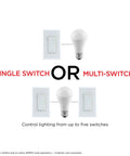 Z Wave Smart Dimmer With QuickFit And SimpleWire single and multi-switch comparison with light bulb illustration