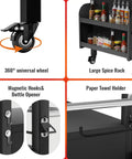 Close-up details of Outdoor Grill Cart With Cabinet And Locking Wheels, including spice rack, universal wheel, and magnetic hooks.