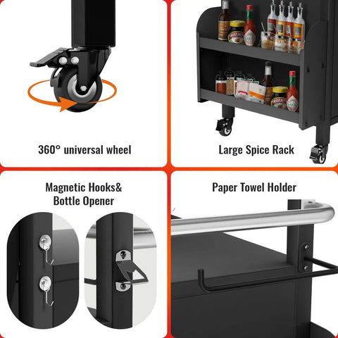 Close-up details of Outdoor Grill Cart With Cabinet And Locking Wheels, including spice rack, universal wheel, and magnetic hooks.