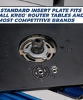 Close-up of router insert plate showcasing the standard fit for all KREG® router tables in a woodshop setup.