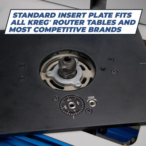 Close-up of router insert plate showcasing the standard fit for all KREG® router tables in a woodshop setup.