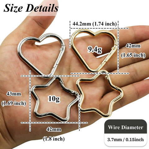 Four Piece Heart And Star Carabiner Keychain Clips In Gold And Silver Durable Alloy For Crafts Bags And Charms With Smooth Spring Loaded One Handed Opening