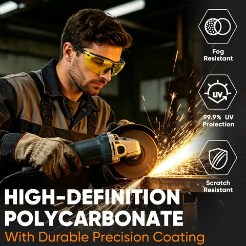 Man wearing Anti Fog Safety Glasses For Men And Women With Adjustable Arms ANSI Z87.1 Rated Scratch Resistant Eye Protection Goggles