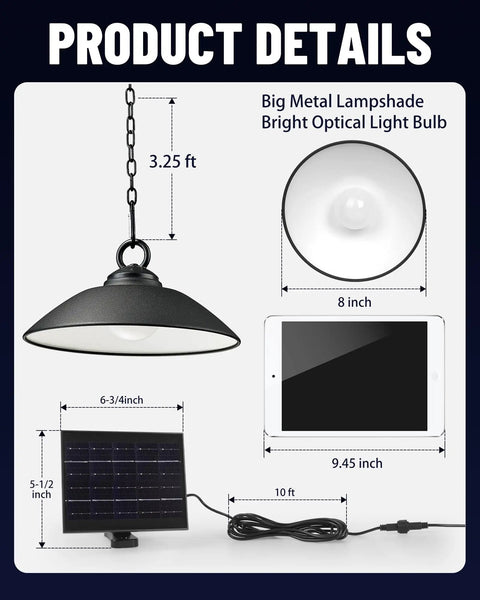 Solar Pendant Light With Remote For Outdoor Shed Barn Porch Gazebo 8 Inch 3 Color Temps, metal lampshade detail