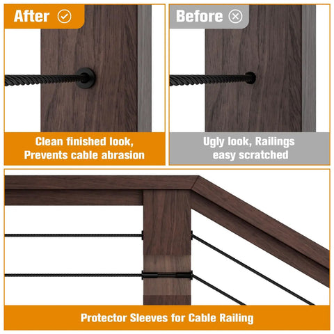 Before and after of Durable Built To Last Cable Railing Protector Sleeves 50 Pack T316 Marine Grade Stainless Steel for wood posts.