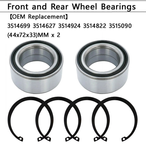 Two silver wheel bearings with black seals and five black retaining rings.
