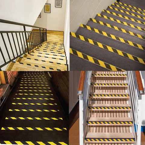 Heavy Duty Anti Slip Grip Tape 6 Inch By 30 Ft Black And Yellow Striped 80 Grit Aluminum Oxide on various stairs