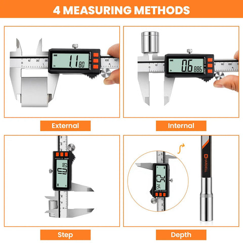 Rechargeable Digital Caliper With Power Display And USB C Charging 6 Inch Caliper With Large LCD Screen MM In Conversion Ideal For Jewelers Woodworkers And DIY Projects showing four measuring methods.