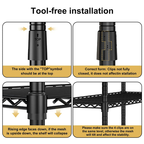 Tool-free installation guide for Beefy 3 Tier Wire Shelving Unit With 1200 Lbs Total Capacity And 400 Lbs Per Shelf, Heavy Duty Metal Rack.