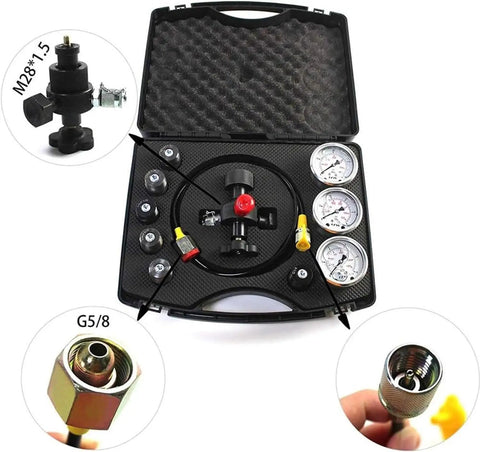 All In One Pro Grade Hydraulic Nitrogen Accumulator Charge Kit With Gas Pressure Test Gauges 7 Couplings Hose Assembly And Gas Hose For 1500 PSI 4000 PSI And 6000 PSI Hydraulic Systems