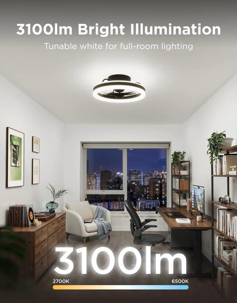 Twenty Inch Flush Mount Ceiling Fan With Killer RGBIC SmartApp LED Lighting And Dual Layer Color Changing Glow featuring bright illumination in a modern living space.