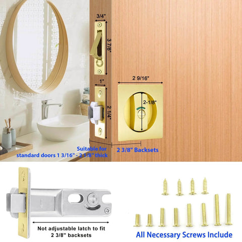 Color Coded Pocket Door Privacy Lock With Green Unoccupied And Red Occupied Indicators, satin brass finish, installed on door.