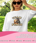 Six Pack Adorable Monkey Hugging Toy DTF Transfers on white tee outdoors with Team Punch text, 7x7, suitable for various fabrics