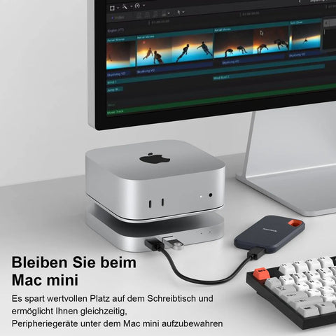 Heavy Hitter Mac Mini M4 Stand Hub delivering 40Gbps Thunderbolt expandability with connected storage device.