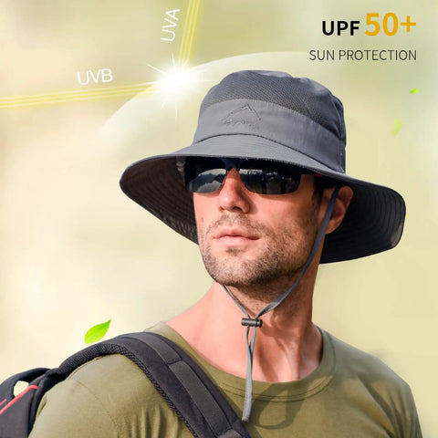 Man wearing Go To Sun Hat For Men And Women With UPF 50 Plus Protection All Day Breathable Wide Brim Fishing Hat For Summer outdoors