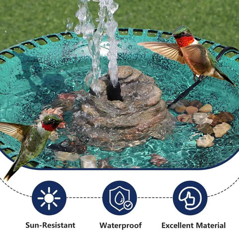 Durable Resin Rock Fountain With Realistic Stone Texture in use as bird bath, surrounded by water in brown finish, 9.8 ft power cord