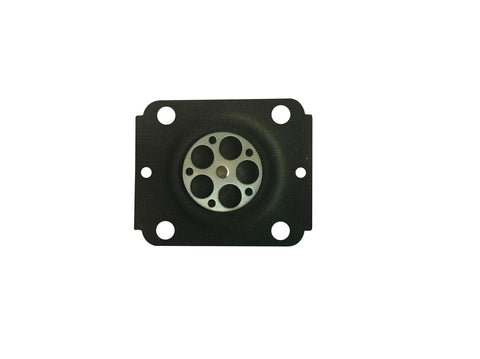 Front view of carburetor metering diaphragm assembly; black gasket with a silver circular diaphragm featuring multiple holes.