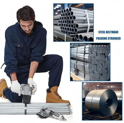 Bad Boy Pneumatic Steel Strapping Machine For Metal Banding Tools With Adjustable 19 To 32 Mm Width Portable Packaging Rig in use on steel pipes.