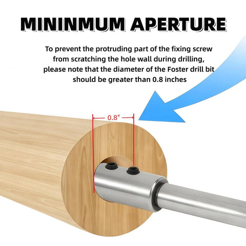 Diagram showing 0.8-inch minimum aperture for Two Piece Forstner Drill Bit Extension Kit with 4.5 and 7 inch extensions, 3/8 inch shanks.