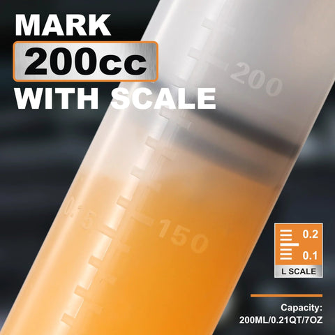 Front view of a 200cc fluid extractor with scale; syringe-style automotive oil pump with orange liquid.