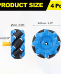 Mecanum wheel set, blue with black rollers; 52mm diameter, 25mm wide, 2 pieces, front and side views