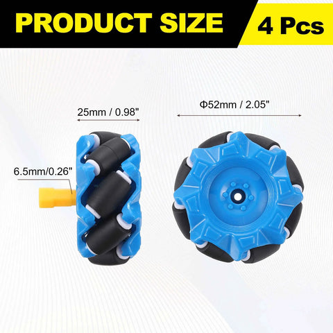 Mecanum wheel set, blue with black rollers; 52mm diameter, 25mm wide, 2 pieces, front and side views