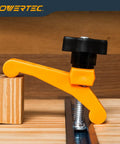 Mini Hold Down Clamps For T-Track Woodworking, 3-1/4 In Long, 3/4 In Wide on wooden surface with t-track bolt and knob