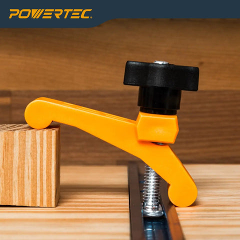 Mini Hold Down Clamps For T-Track Woodworking, 3-1/4 In Long, 3/4 In Wide on wooden surface with t-track bolt and knob