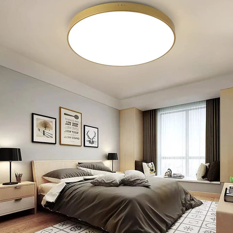 Bedroom with 24 Inch Gold Round LED Flush Mount Ceiling Light With Three Color Temperatures 3000K 4000K 5000K 40W Modern Fixture
