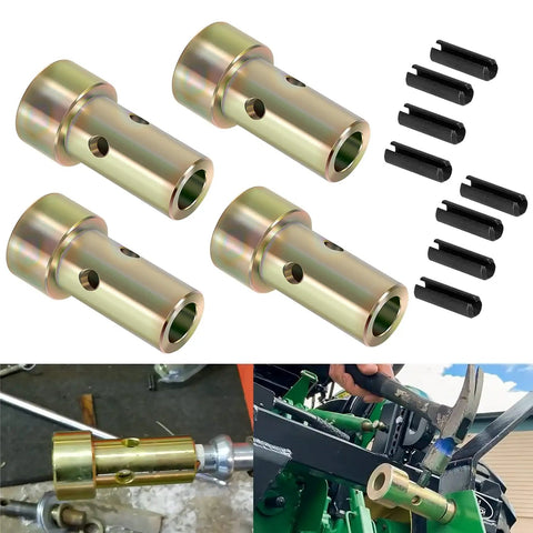 Two Pairs Cat 2 Quick Hitch Adapter Bushings Set For Category II 3 Point Tractors Heavy Duty Built Tough Workhorse Quick Hitch Fit For Speeco John Deere Jeffers Attachments And More For Farm Use Only, shown with bushings and pins illustration.