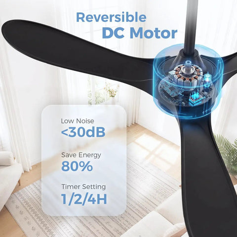 Black Ceiling Fan No Light 52 Inch For Outdoor Patios Porch Bedroom And Kitchen With Remote Noiseless 6 Speed Reversible DC Motor