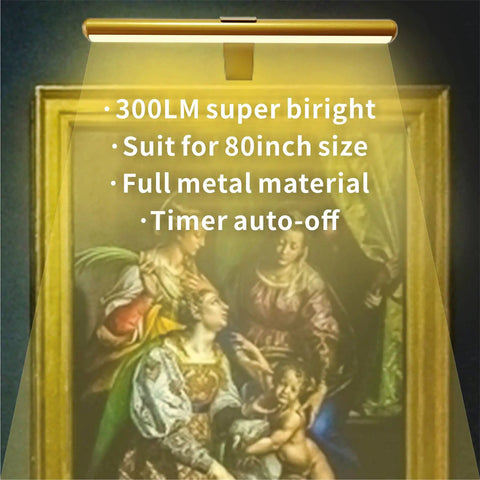 Gold picture light illuminating framed art, showing text about features: 300LM brightness, full metal, for 80 inch art, with auto-off timer.