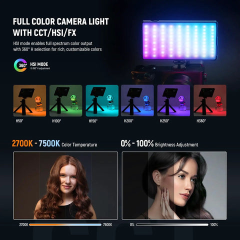 Display showing Portable Full Color RGB Video Light 8W With Adjustable 2700K to 7500K Temperature, color modes and brightness